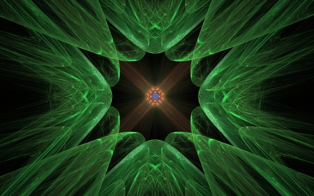 abstract pattern in the form of green bumps converging towards the center with an orange pattern inside on a black background.の写真素材