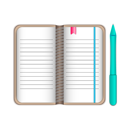vector illustration of writing pad notepad pad with bookmarks in brown cover with emerald color pen on white background.のイラスト素材
