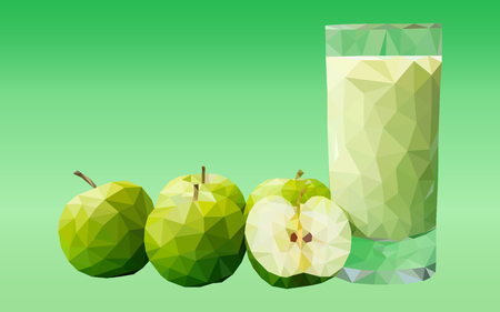 vector illustration polygonal mosaic of geometric shapes of different colors in the form of green apples with a glass of apple juice on a green gradient background.のイラスト素材