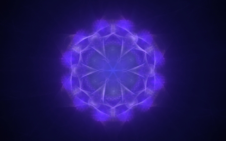 Lilac fantastic crystal with six faces, luminous outer contour on a blurred black and blue background.の写真素材