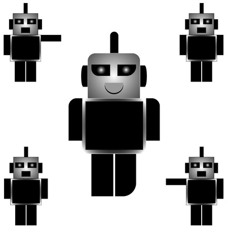 vector illustration collection of black and white cartoon robots on a white background.のイラスト素材