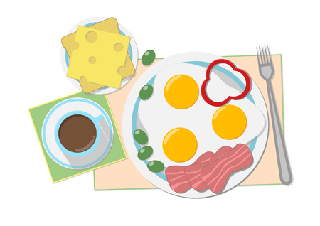 vector illustration a vector a tasty breakfast in gentle tones coffee, fried eggs, sandwich on plates and napkins on a white backgroundの写真素材