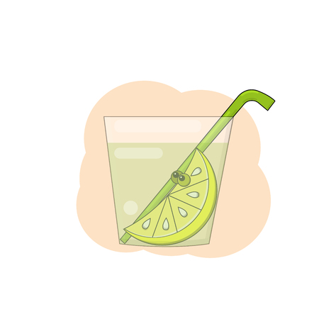 vector illustration in cartoon style of a lemon slice with bulging eyes lies in a glass with juice and a green straw on the background of a beige figure.の写真素材