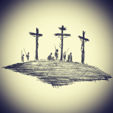 photo illustration drawing in pencil strokes in black on a religious theme crucified Christ on Calvary on a beige background with black vignette.の写真素材