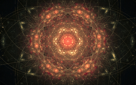 illustration background image in the form of an ornament a fantastic fantastic flower of red color with yellow lines in the background on a black background.の写真素材