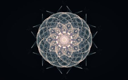 fantastic abstract symmetrical flower with petals consisting of a variety of geometric shapes of different colors on a black background.の写真素材