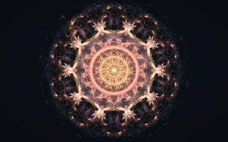 fantastic abstract symmetrical flower with petals consisting of a variety of geometric shapes of different colors on a black background.の写真素材