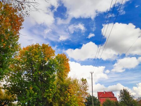 landscape photography autumn trees with green and yellow leaves, a house with a red roof, a pole with wires on a background of blue sky with cumulus clouds.の写真素材