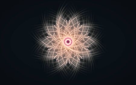 fantastic abstract symmetrical flower with petals consisting of a variety of geometric shapes of different colors on a black background.の写真素材
