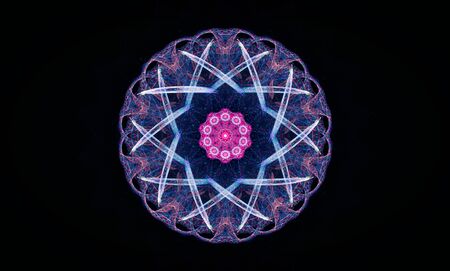 fantastic abstract symmetrical flower with petals consisting of a variety of geometric shapes of different colors on a black background.の写真素材