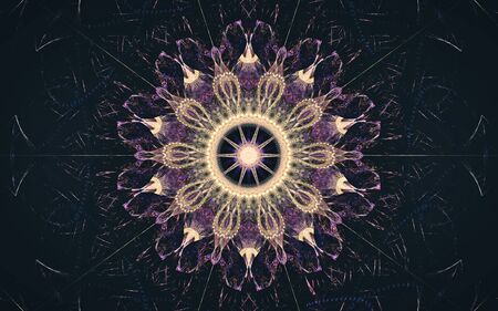 fantastic abstract symmetrical flower with petals consisting of a variety of geometric shapes of different colors on a black background.の写真素材