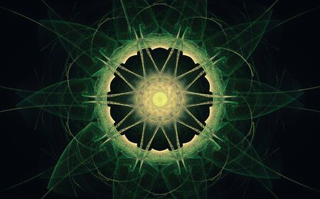 fantastic abstract symmetrical flower with petals consisting of a variety of geometric shapes of different colors on a black background.の写真素材