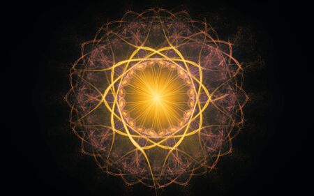 fantastic abstract symmetrical flower with petals consisting of a variety of geometric shapes of different colors on a black background.の写真素材