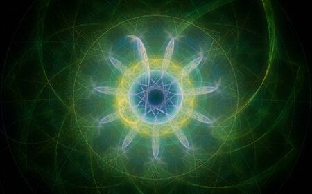 fantastic abstract symmetrical flower with petals consisting of a variety of geometric shapes of different colors on a black background.の写真素材