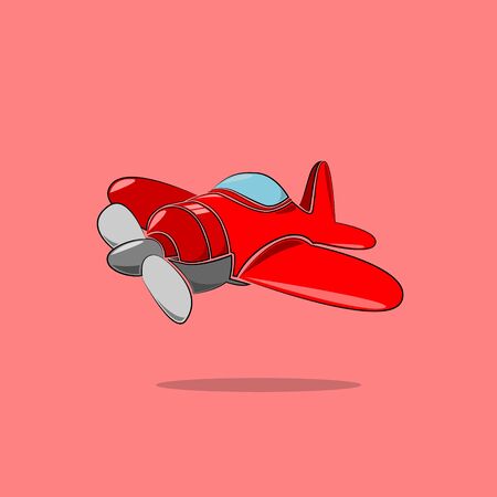 vector illustration of a flying bright red plane in cartoon style with a gray propeller, a blue cockpit on a pink background.のイラスト素材
