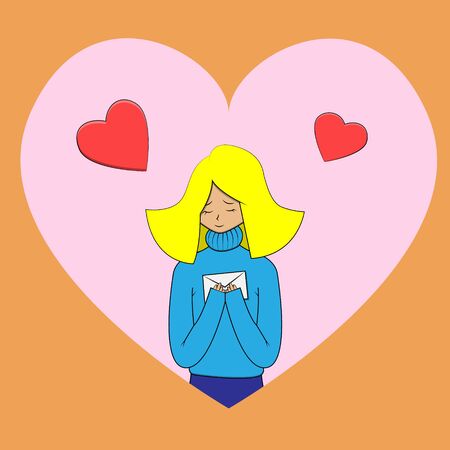 vector illustration of a waist-high girl with yellow hair and a sweater with an envelope in her hands and red hearts above her head on a background of a big heart.のイラスト素材