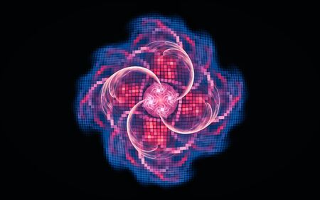 fantastic abstract symmetrical flower with petals consisting of a variety of geometric shapes of different colors on a black background.の写真素材