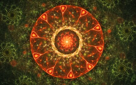 fantastic abstract symmetrical flower with petals consisting of a variety of geometric shapes of different colors on a black background.の写真素材