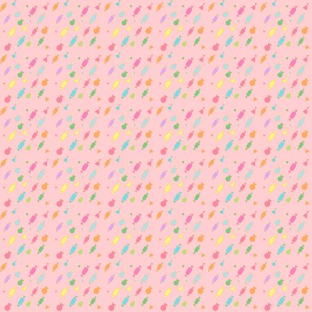 vector illustration background seamless image candy rain of different sweets on a pale pink background.のイラスト素材