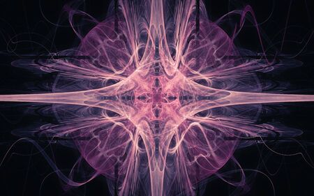 fantastic abstract symmetrical flower with petals consisting of a variety of geometric shapes of different colors on a black background.の写真素材
