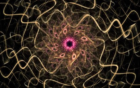 fantastic abstract symmetrical flower with petals consisting of a variety of geometric shapes of different colors on a black background.の写真素材