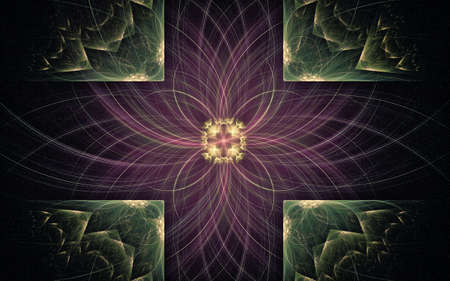 fantastic abstract symmetrical flower with petals consisting of a variety of geometric shapes of different colors on a black background.の写真素材