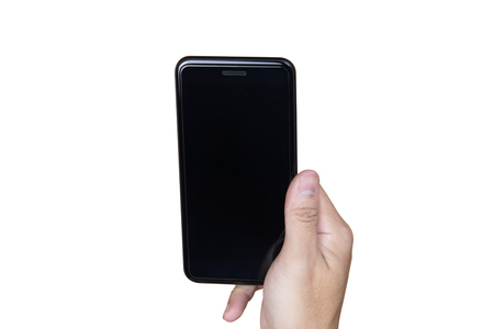 Man right hand holding cell phone. white background isolatedの写真素材