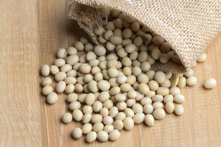 Soy bean in sack on wooden tableの写真素材