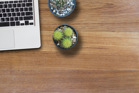 Mock up laptop and cactus in pot on wooden table of brown. copy spaceの写真素材