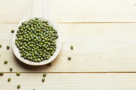 Mung bean on spoon copy space high angle viewの写真素材