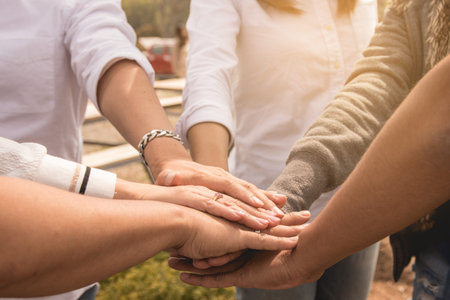 Stack of hands, team work to success concept, business copy space