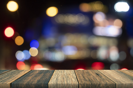 Wooden table on front blurred background, used for presentation product and templatedの写真素材