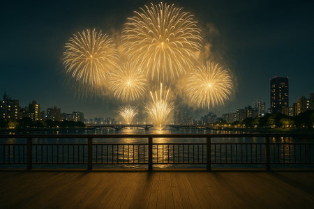 Fireworks over the river at night in Shenzhen, China.の素材