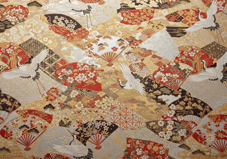 Luxurious Japanese Pattern with Cranes Fans and Cherry Blossoms Gold Silverの素材
