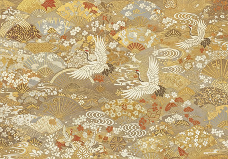 Golden Japanese Pattern with Cranes Fans Cherry Blossoms and Traditional Motifsの素材