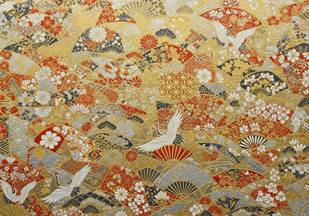 Golden Japanese Pattern with Fans and Cranes Traditional Designの素材