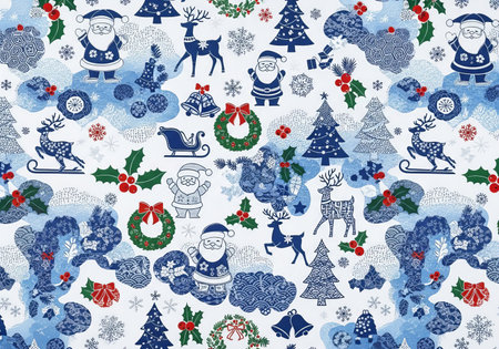apanese Christmas Blue Diamond Tile Pattern with Snowflakes and Reindeerの素材