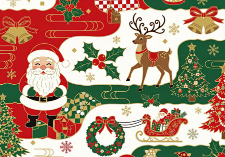 Japanese Christmas Wave Pattern with Santa Reindeer and Treeの素材