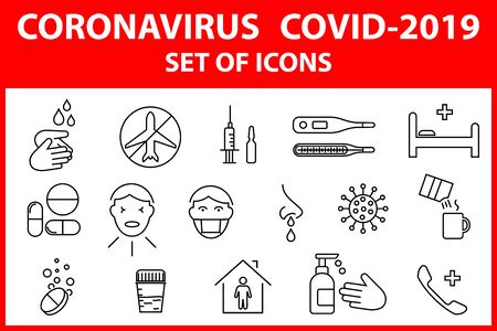 A set of icons with symptoms and methods of prevention of COVID-2019 coronavirusのイラスト素材