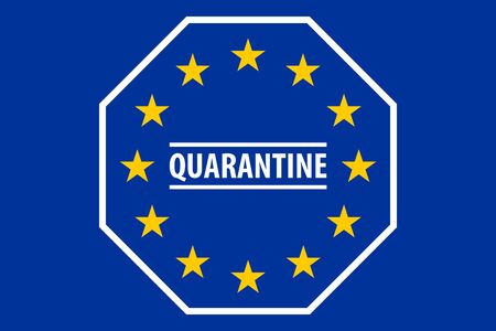 Flag of the European Union with a quarantine sign to illustrate the situation in Europeのイラスト素材