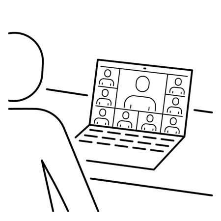 A simple icon of a person on a laptop communicating with a lot of people via video link in conference modeのイラスト素材