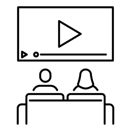 A simple linear icon with people watching a streaming service on smart TV sitting at home on the couchのイラスト素材