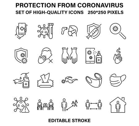 A set of simple but high-quality icons for the prevention of coronavirus and other infections. Vector illustration with editable stroke.のイラスト素材