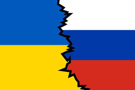 Flags of Russia and Ukraine with a split between them, showing the conflict between the countriesのイラスト素材