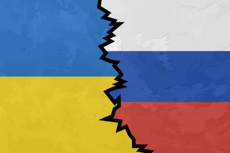 Flags of Russia and Ukraine with a split between them, showing the conflict between the countriesのイラスト素材