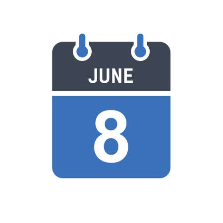 June 8. Calendar icon. Vector illustration flat style. Date, Day of month, Spiral calendar page with date, Holidays in June.のイラスト素材