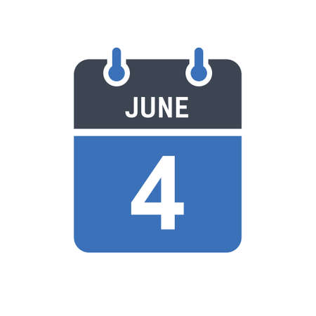 June 4. Calendar icon. Vector illustration flat style. Date, Day of month, Spiral calendar page with date, Holidays in June.のイラスト素材