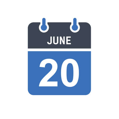 June 20. Calendar icon. Vector illustration flat style. Date, Day of month, Spiral calendar page with date, Holidays in June.のイラスト素材