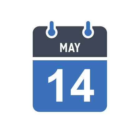 May 14. Calendar icon. Vector illustration flat style. Date, Day of month, Spiral calendar page with date, Holidays in May.のイラスト素材