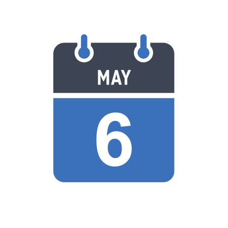 May 6. Calendar icon. Vector illustration flat style. Date, Day of month, Spiral calendar page with date, Holidays in May.のイラスト素材